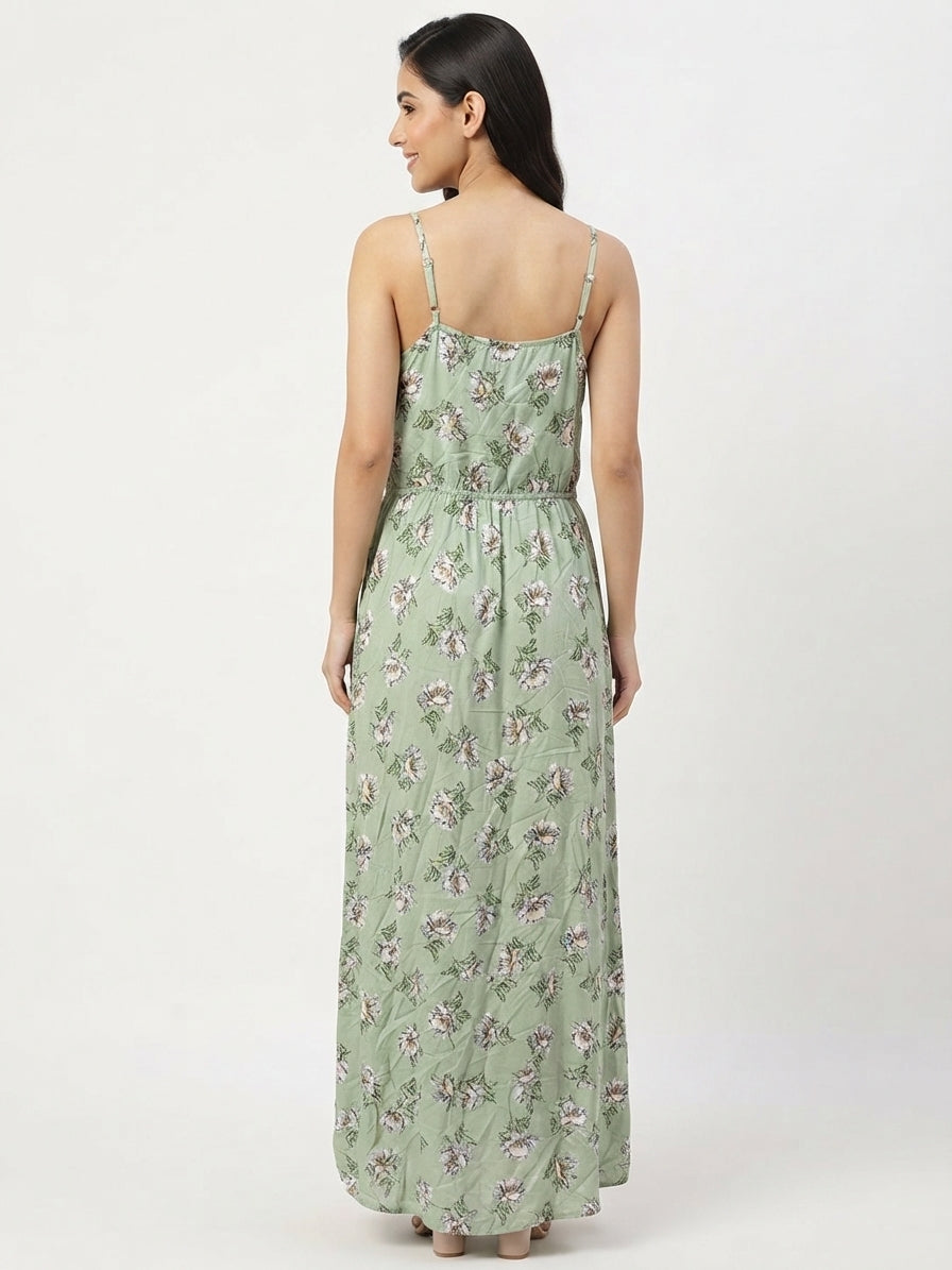 Mint Green Floral Print Spaghetti Strap Maxi Dress
