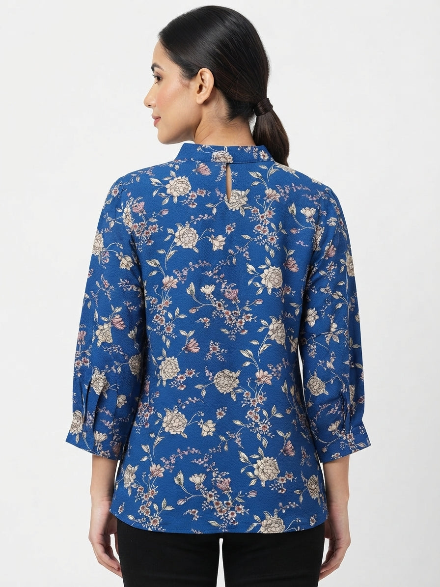 Women's Blue Floral Printed Regular Fit Top