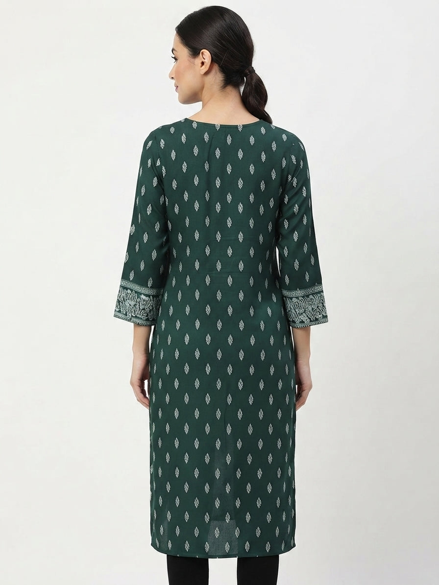 Dark Green Ethnic Print Viscose Kurti with Embroidered Yoke