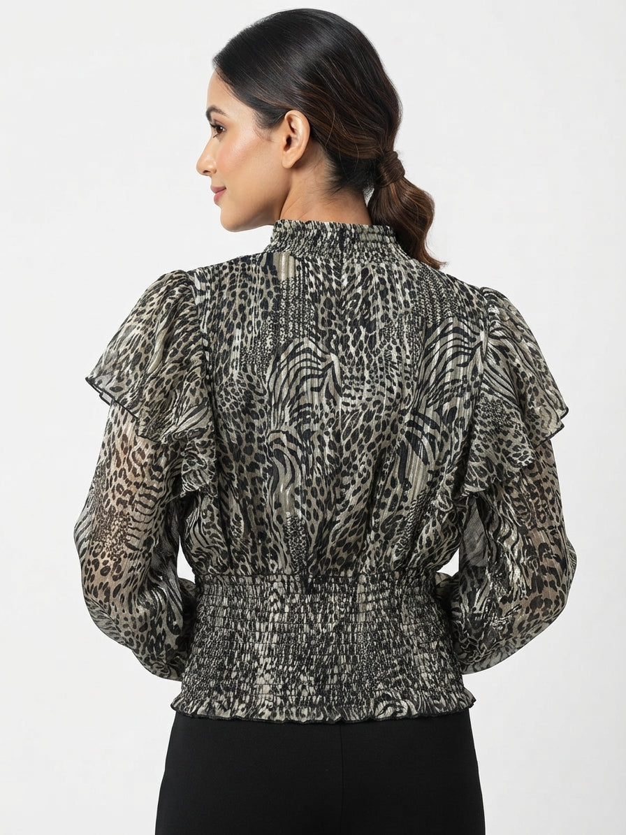 Women's Multi Animal Print Shimmer High Neck Smocked Top