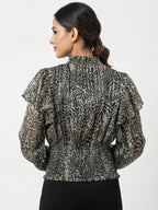 Women's Multi Animal Print Shimmer High Neck Smocked Top