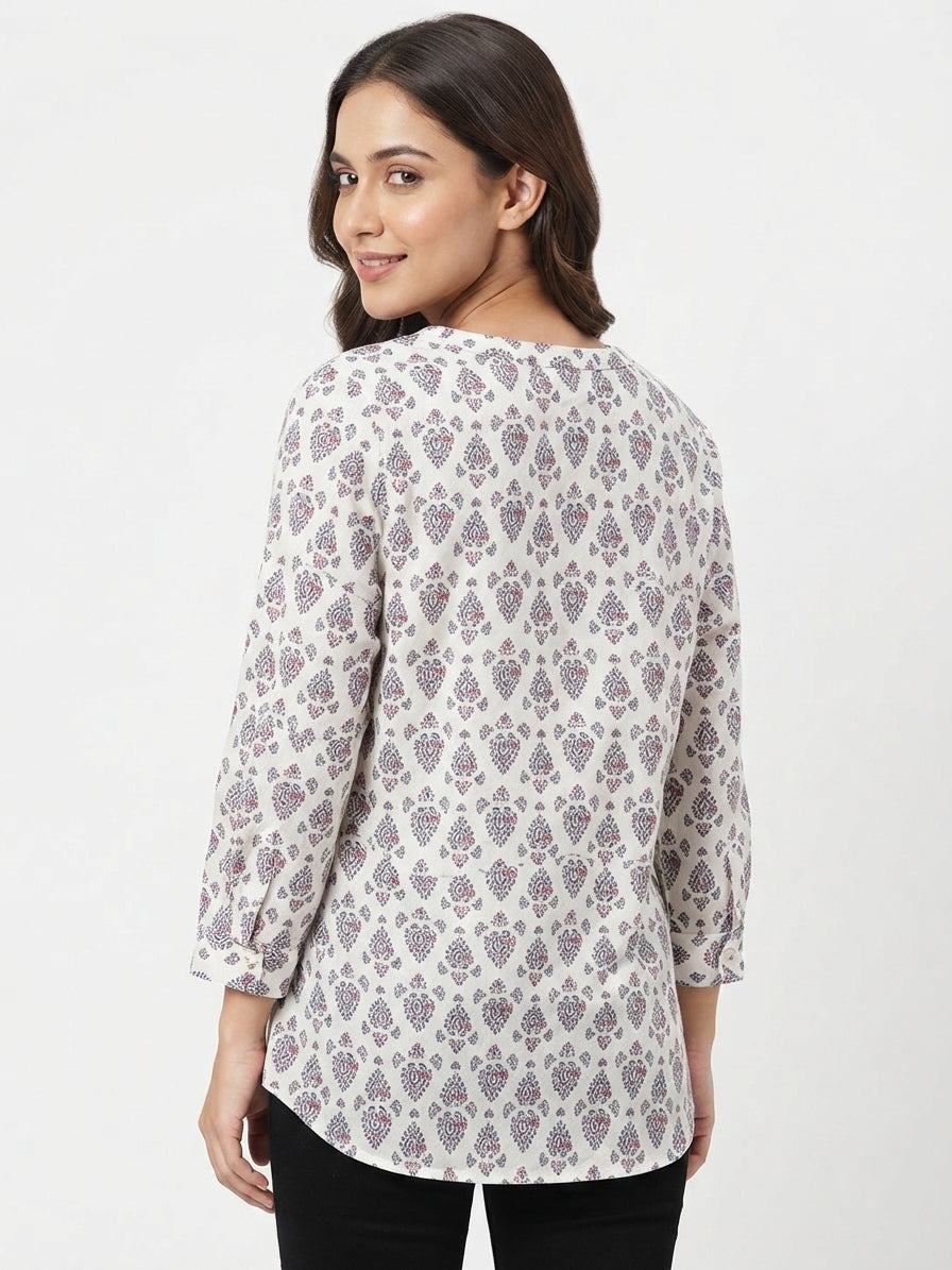 White Ethnic Print V-Neck Top