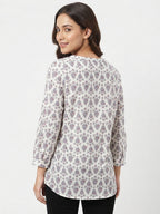 White Ethnic Print V-Neck Top