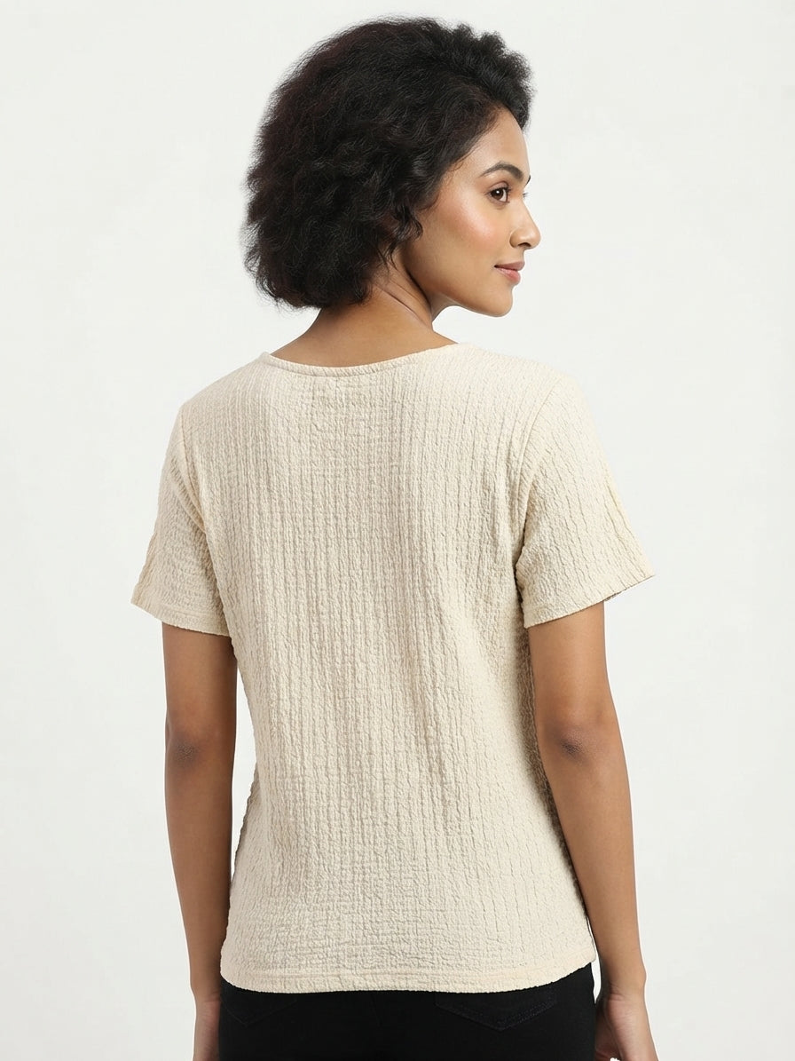 Cream Textured V-Neck Short Sleeve Top