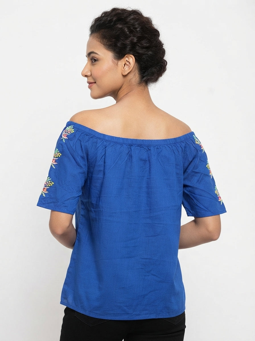 Women's Blue Floral Embroidered Off-Shoulder Top