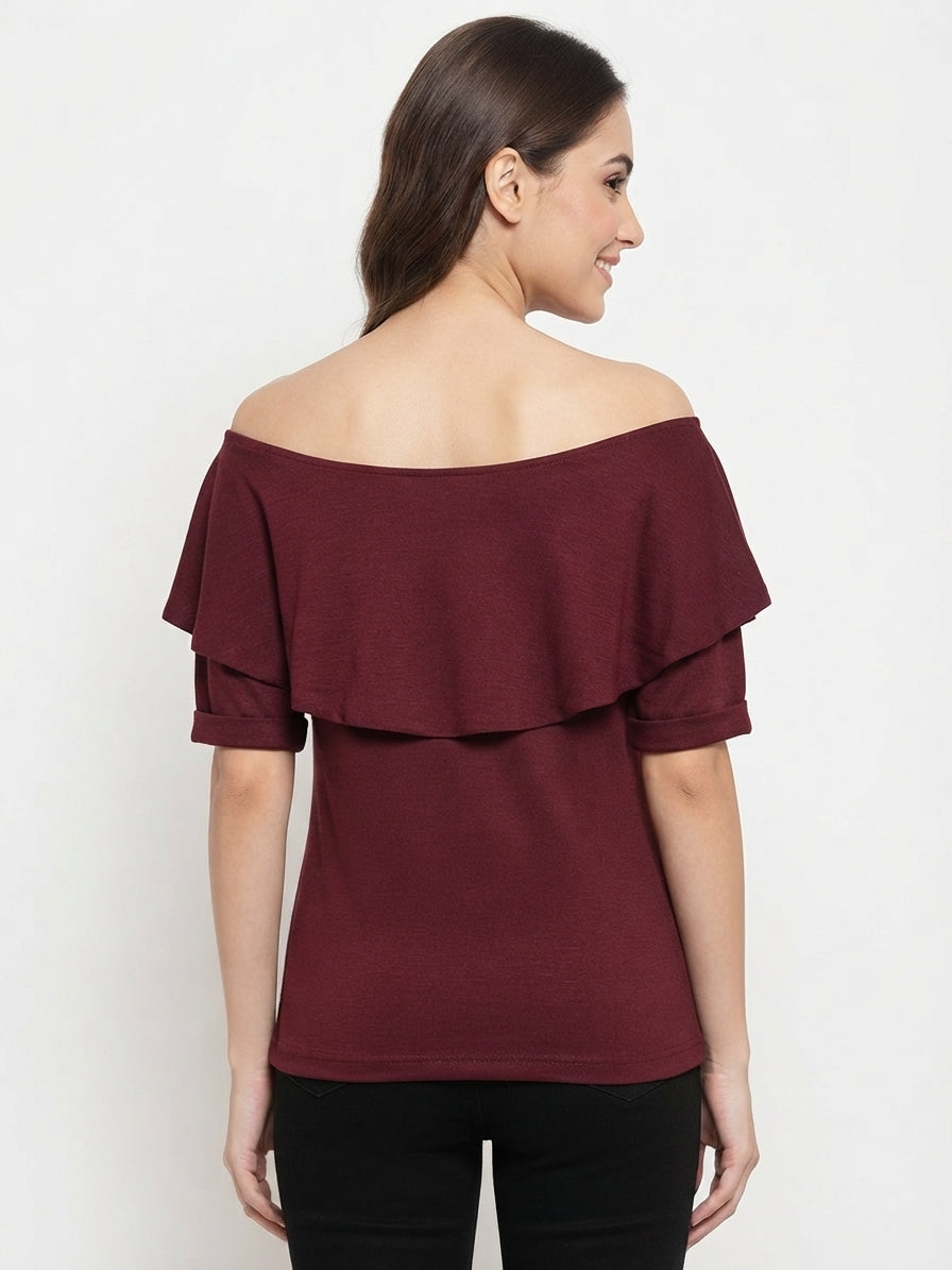 Women's Maroon Solid Regular Fit Ruffled Top
