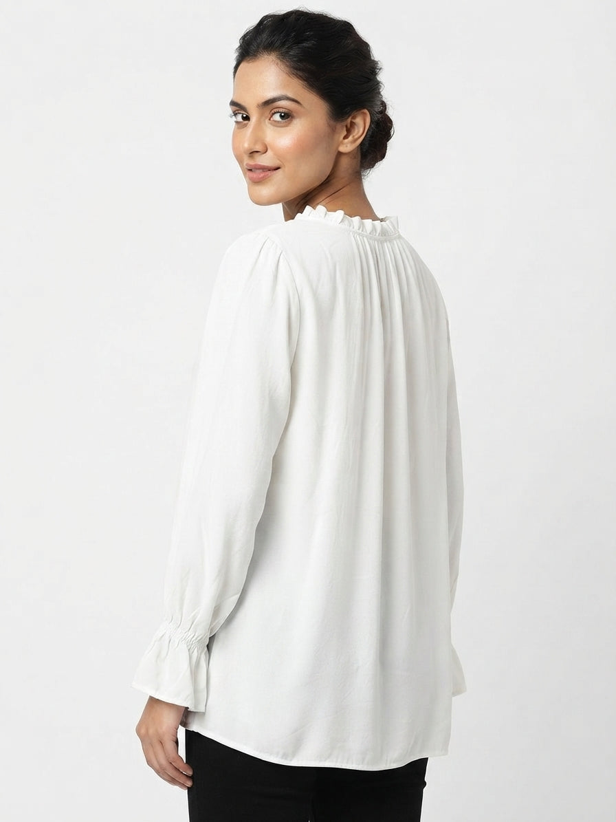 White Relaxed Fit Ruffled Blouse