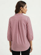 Women's Striped Ruffled Neck 3/4 Sleeve Top - Wine & White