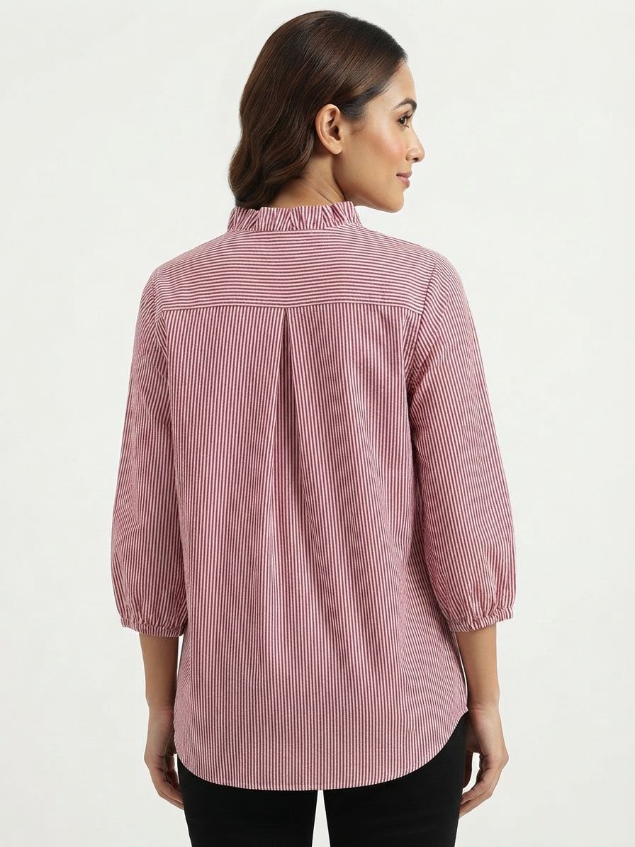 Women's Striped Ruffled Neck 3/4 Sleeve Top - Wine & White