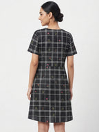 Black Checkered Floral Print Short Sleeve Dress