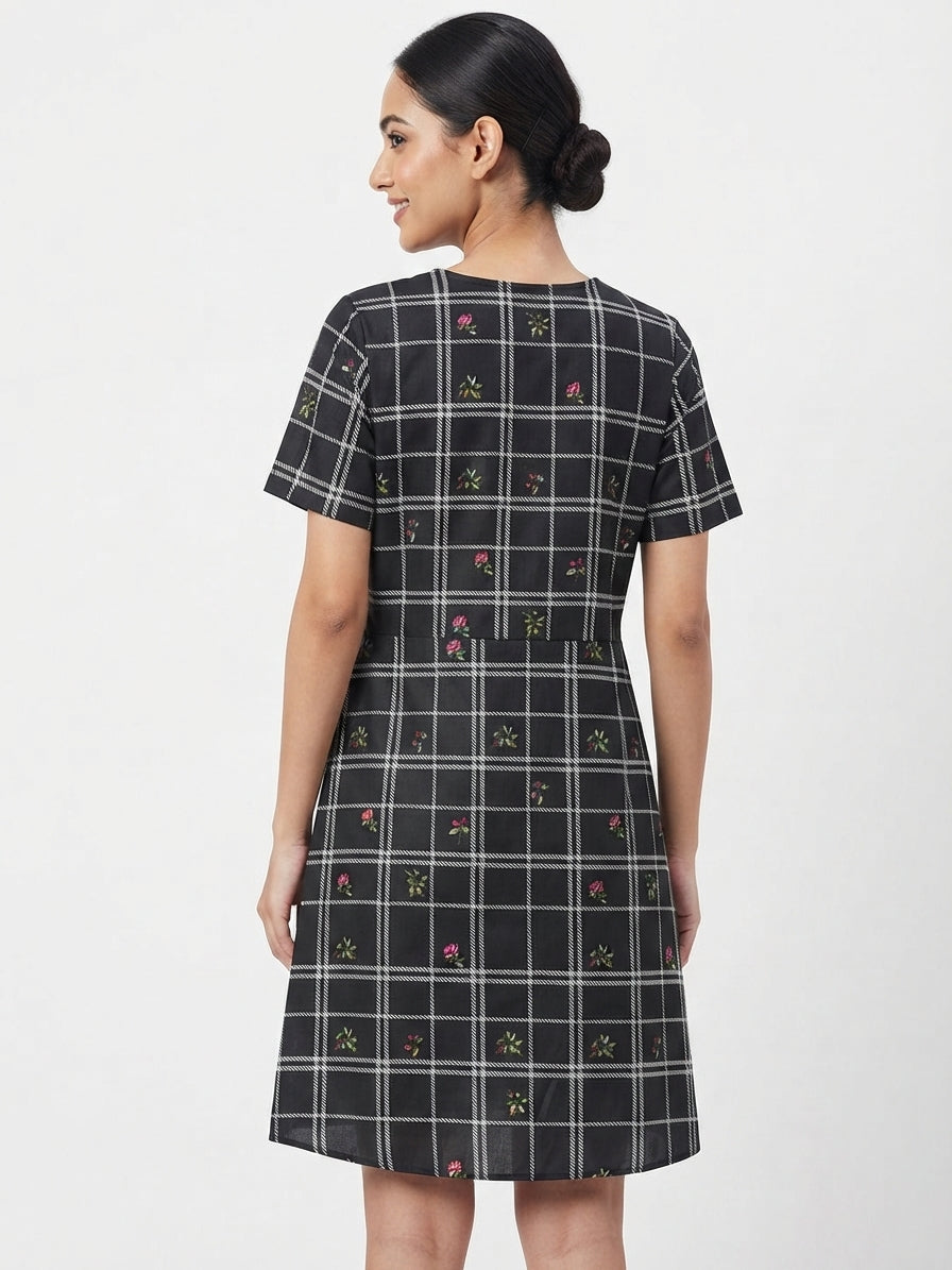 Black Checkered Floral Print Short Sleeve Dress
