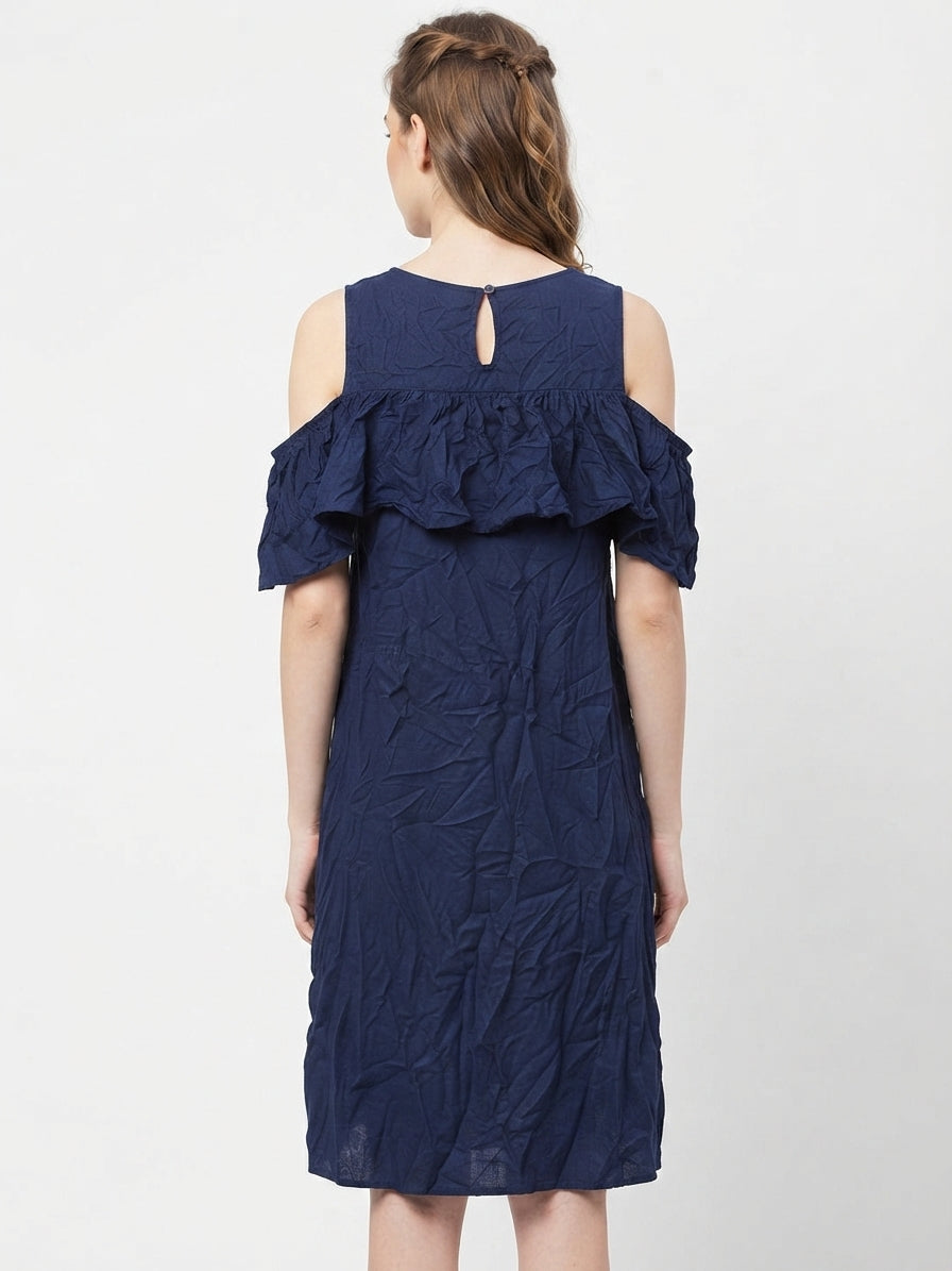 Navy Blue Ruffled Cold Shoulder Dress