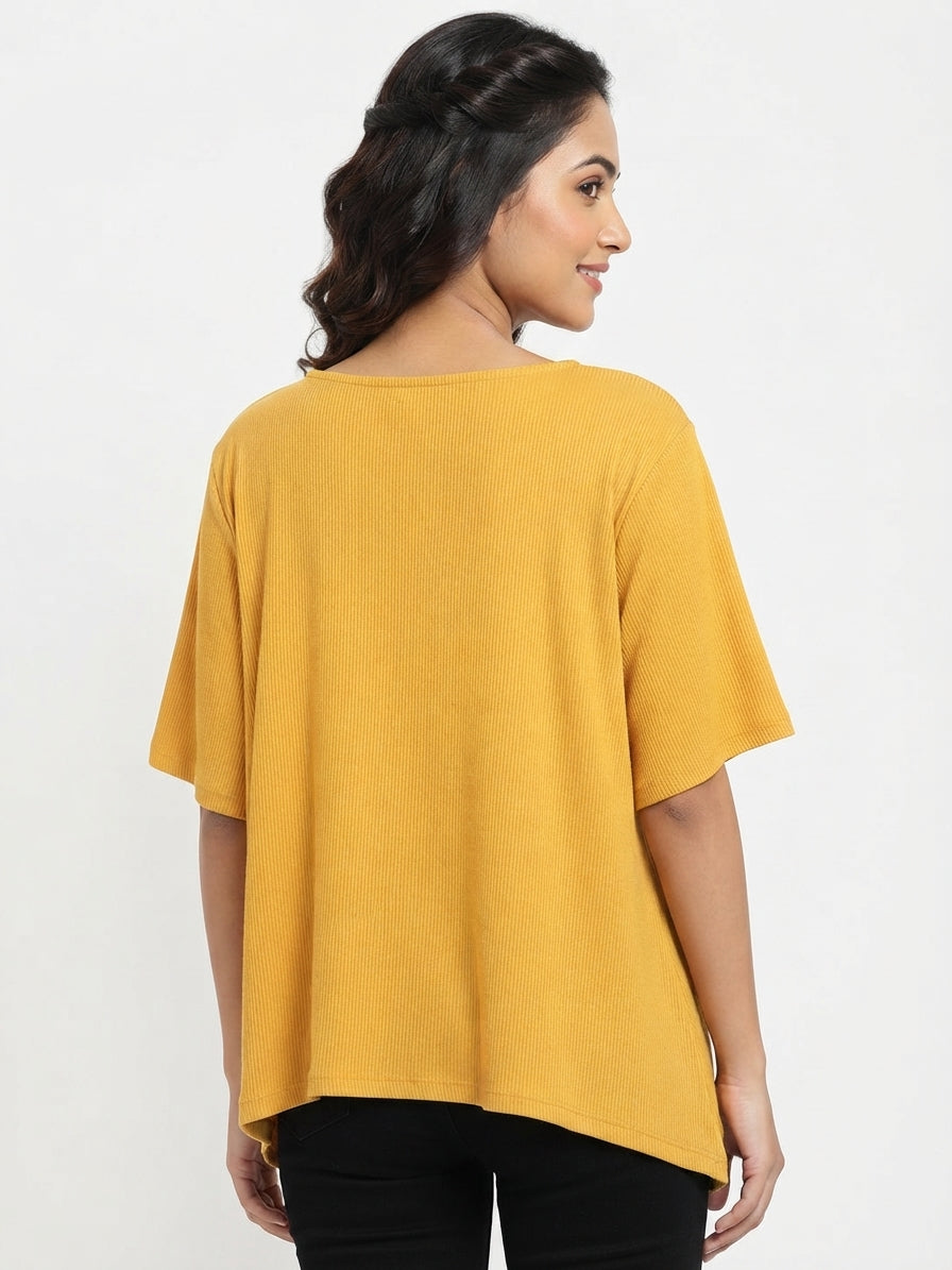 Women's Yellow Textured V-Neck Ring Detail Top