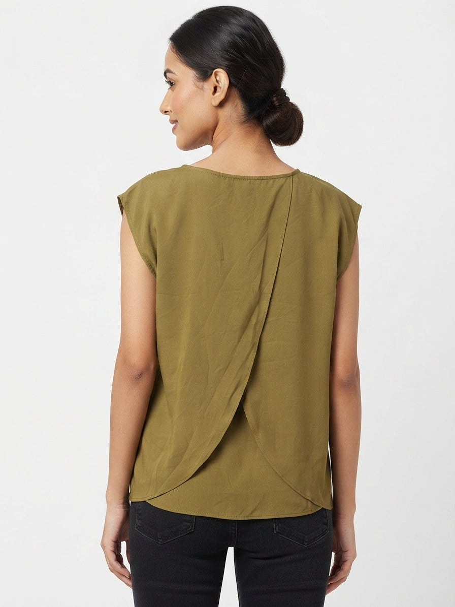 Women's Olive Green Solid Sleeveless Relaxed Fit Top