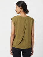 Women's Olive Green Solid Sleeveless Relaxed Fit Top