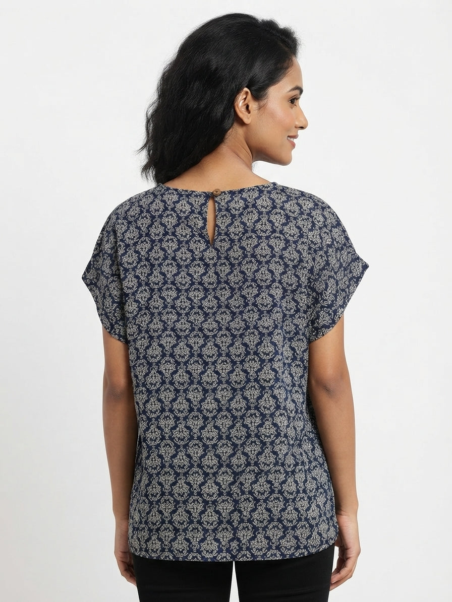 Navy Blue Printed V-Neck Casual Top