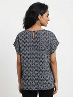 Navy Blue Printed V-Neck Casual Top