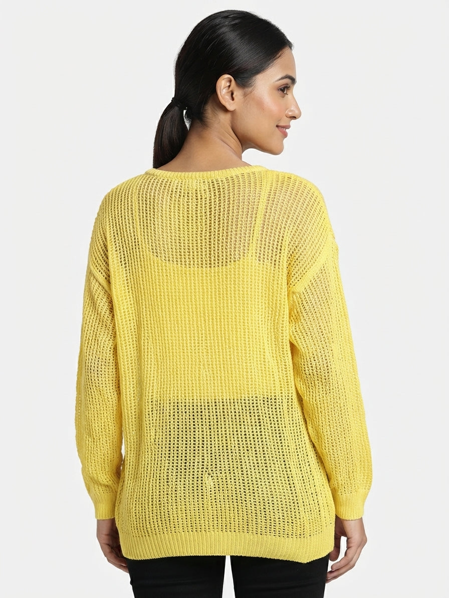 Yellow Textured Knit Relaxed Fit Sweater