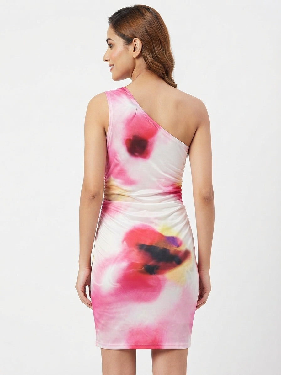 Women's Multi Tie-Dye One Shoulder Ruched Slim Fit Dress