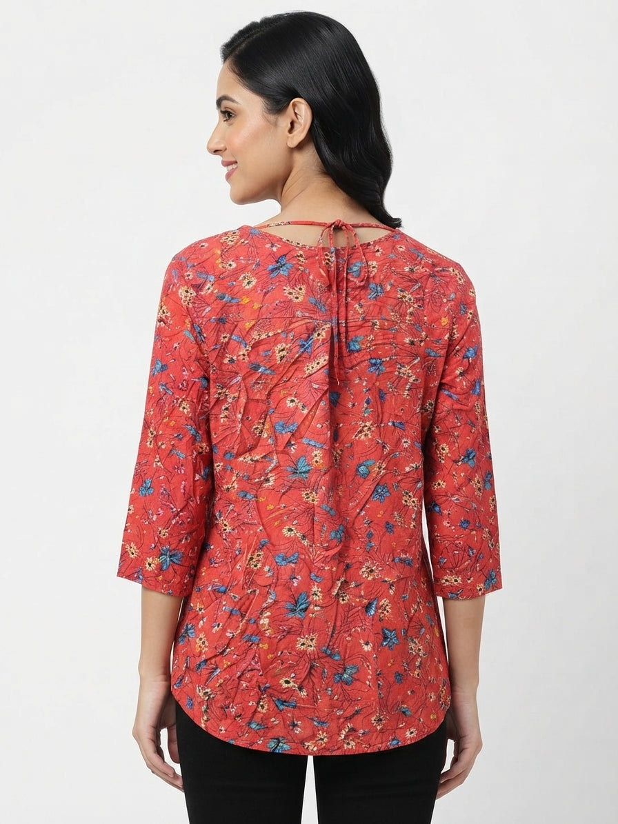 Red Floral Printed 3/4 Sleeve Top