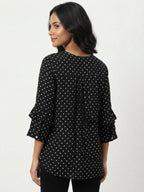 Women's Black Polka Dot V-Neck Relaxed Fit Top