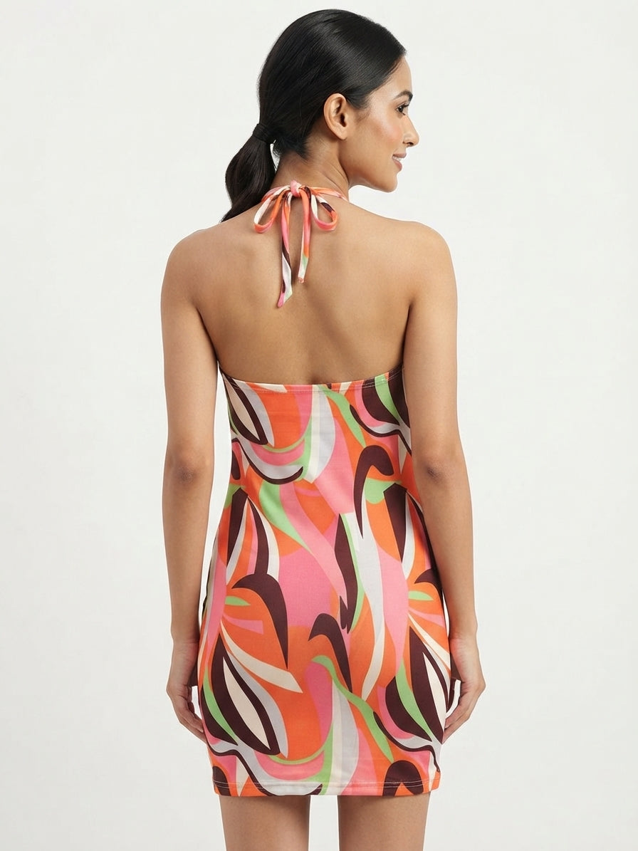 Multi-Color Abstract Print Halter Neck Dress