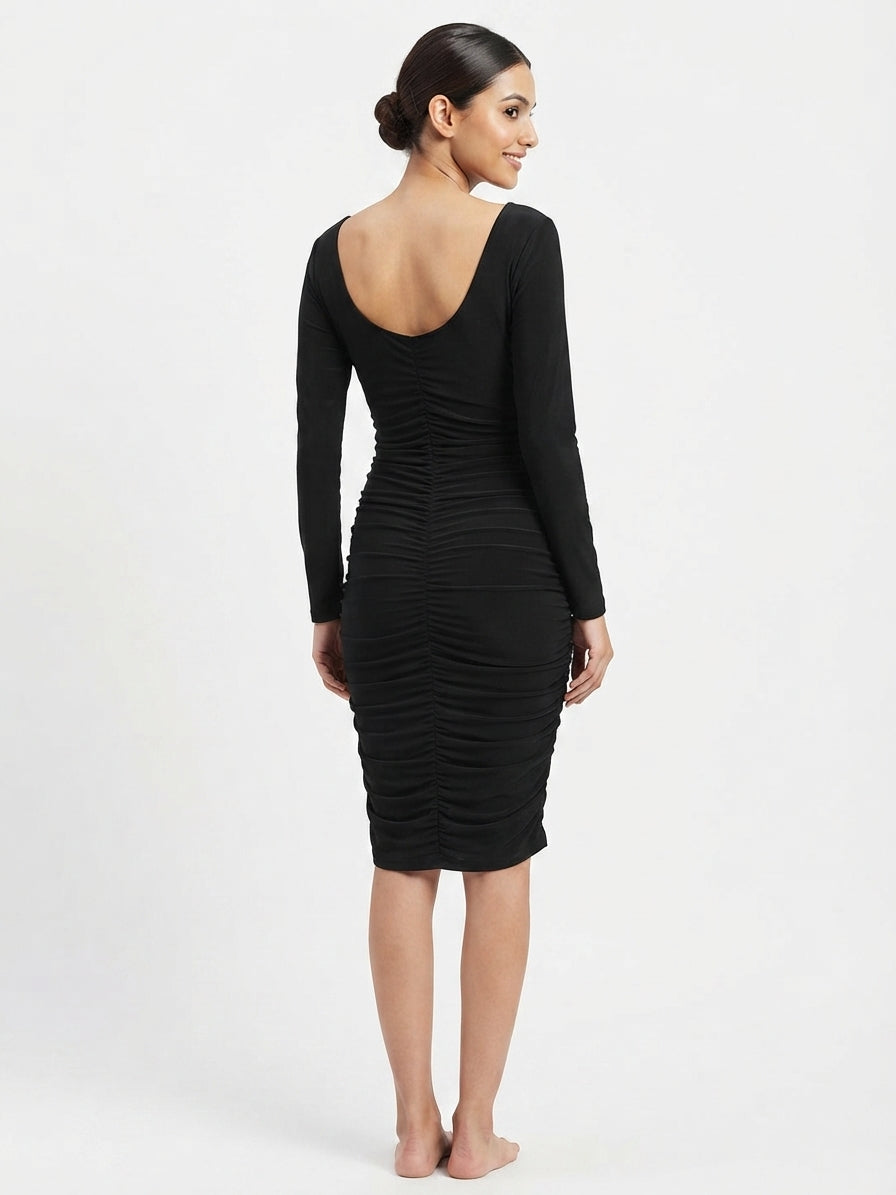 Black Solid Slim Fit Ruched Party Dress