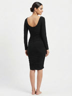Black Solid Slim Fit Ruched Party Dress