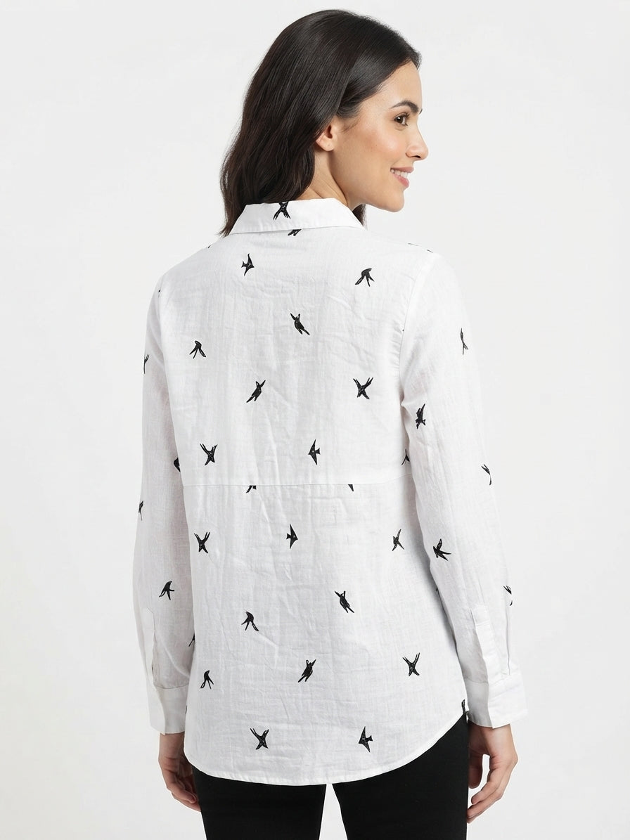 White Printed Full Sleeve Casual Shirt