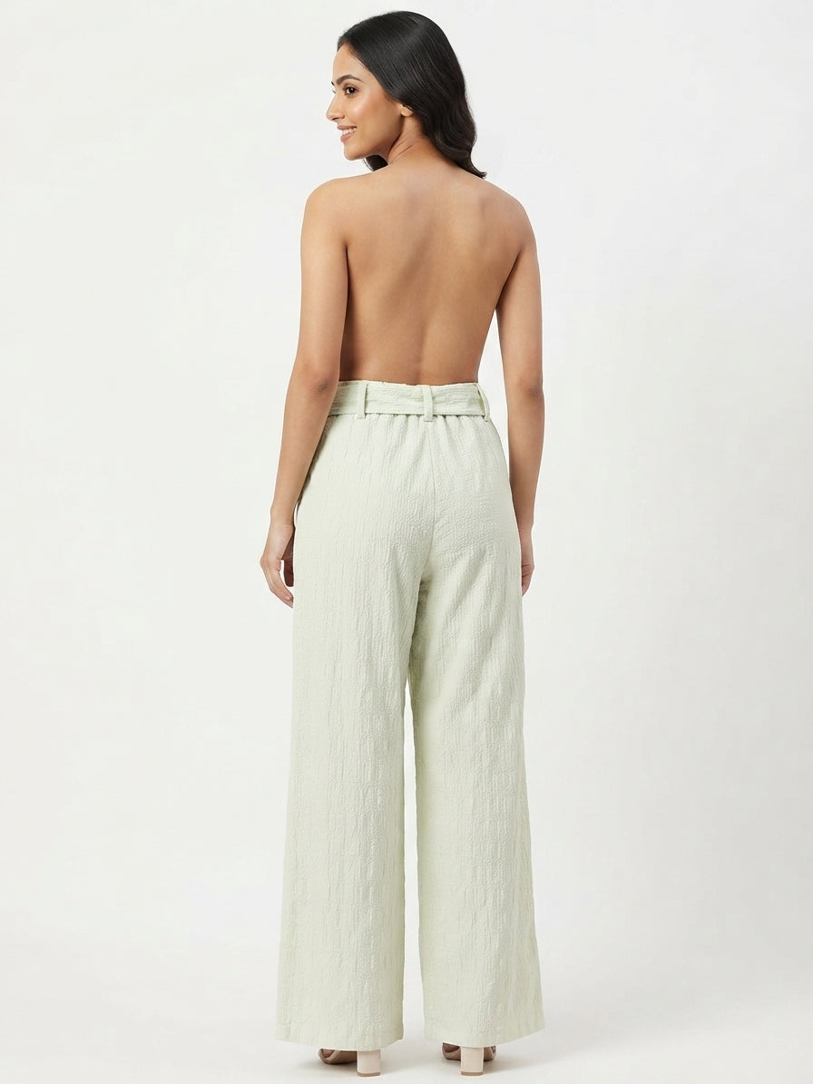Light Green Textured Tie-Waist Relaxed Fit Trousers