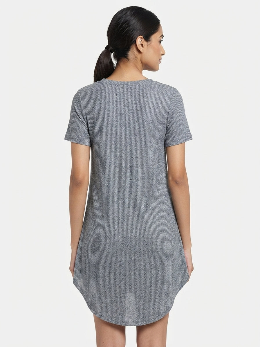 Grey Solid Ribbed Knit Asymmetric Hem Top