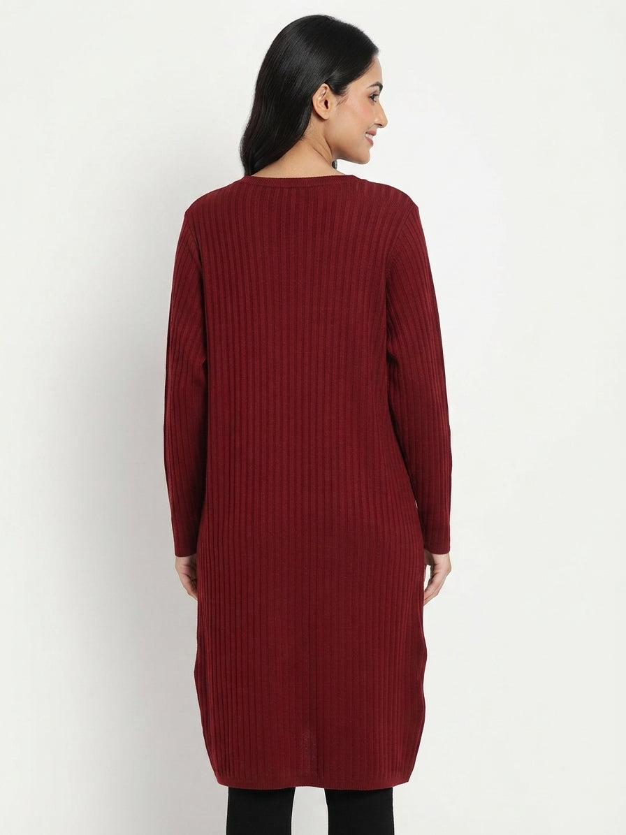 Maroon Ribbed Texture Round Neck Kurti