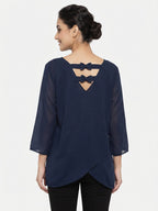 Women's Navy Blue Relaxed Fit Top with Back Bow Detail