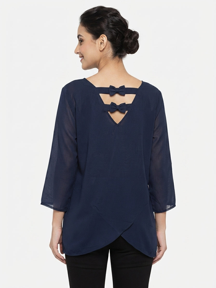 Women's Navy Blue Relaxed Fit Top with Back Bow Detail