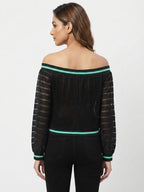 Black Striped Off-Shoulder Zipper Top