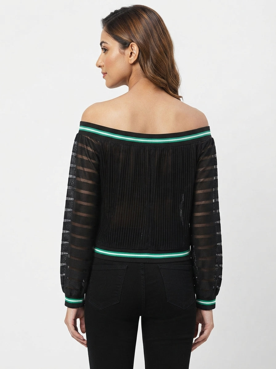 Black Striped Off-Shoulder Zipper Top