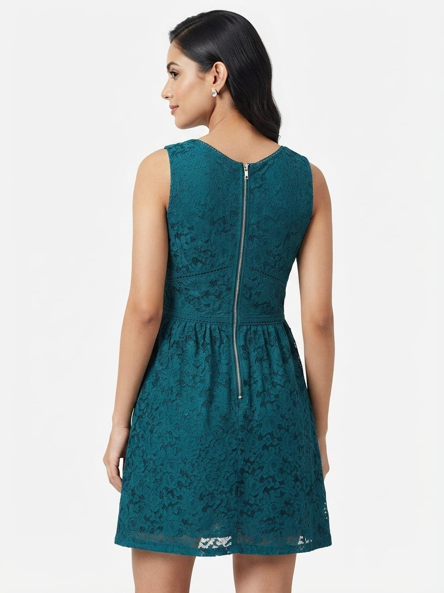 Teal Floral Lace A-line Mini Dress