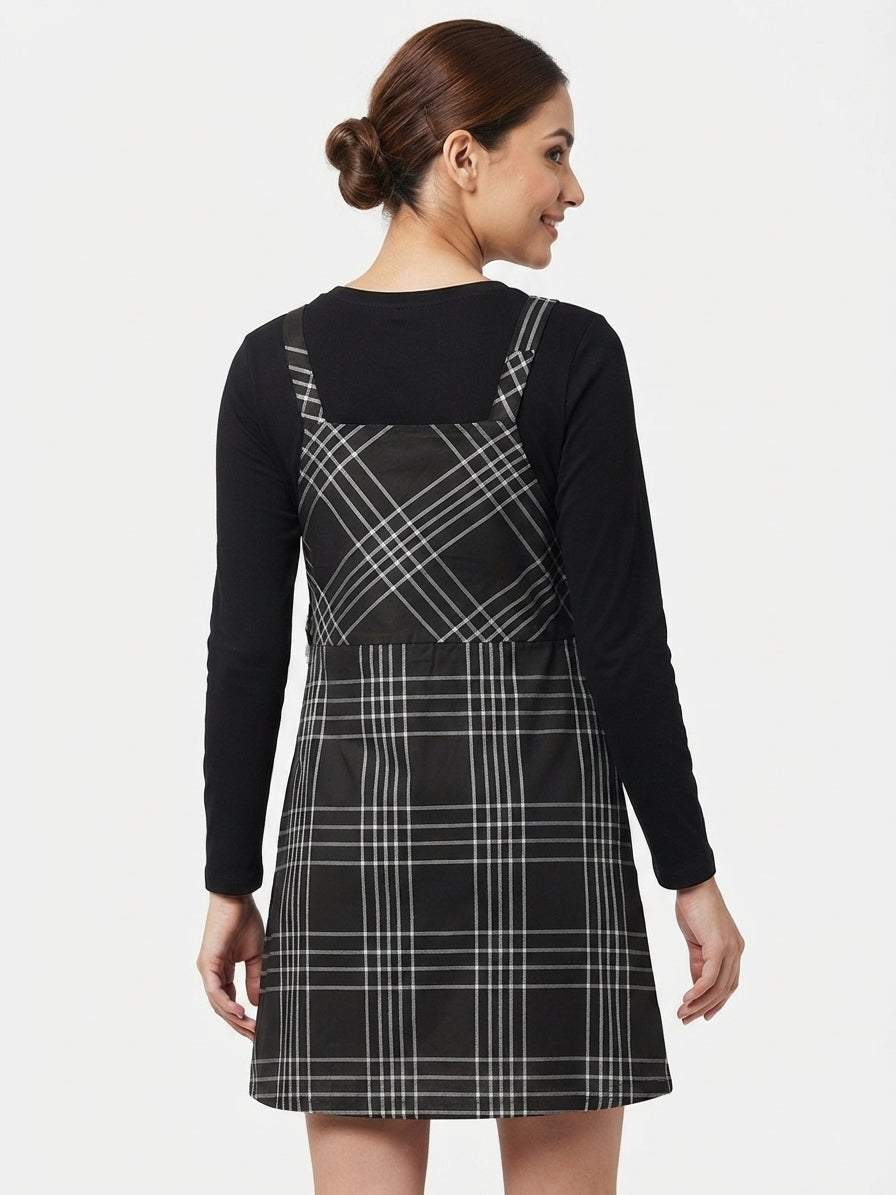 Black Plaid Regular Fit Pinafore Dress