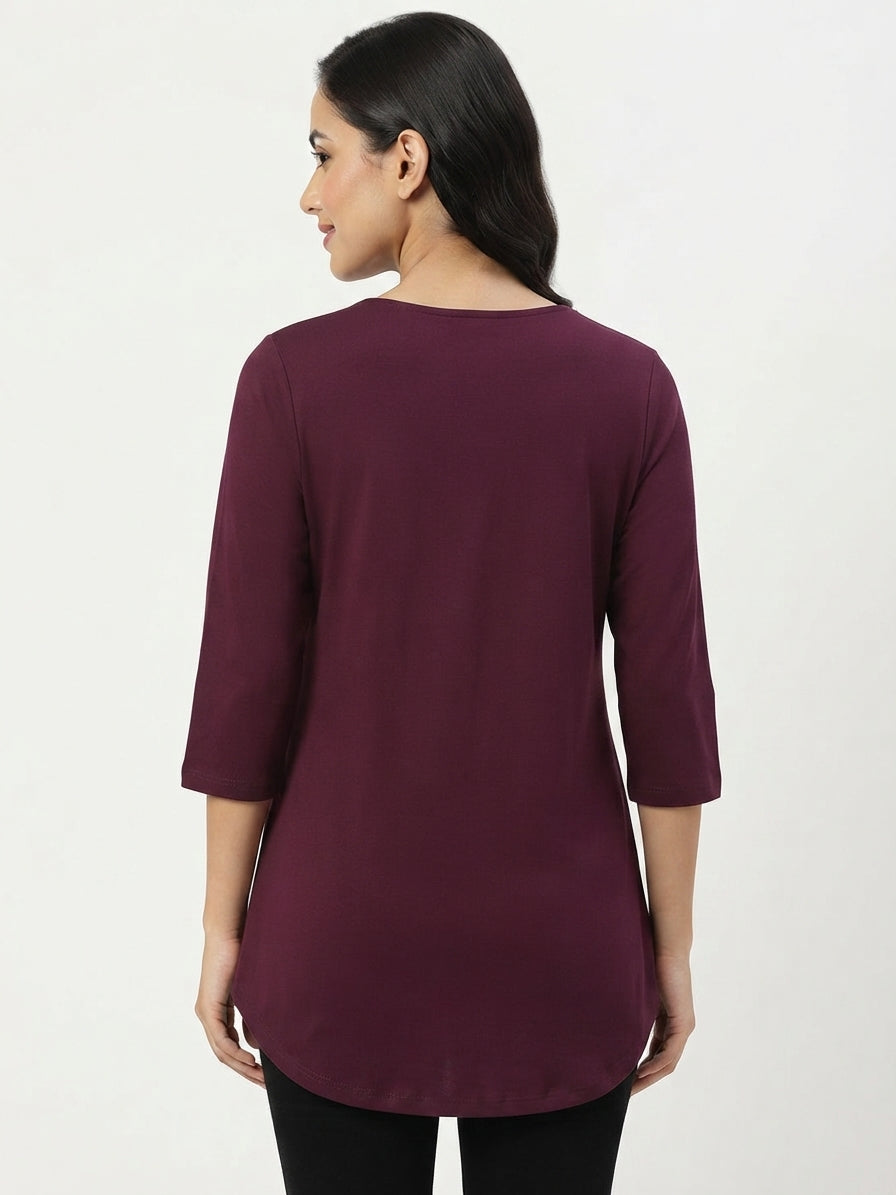 Women's Wine Solid V-Neck Tunic Top with Embellishment