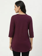 Women's Wine Solid V-Neck Tunic Top with Embellishment