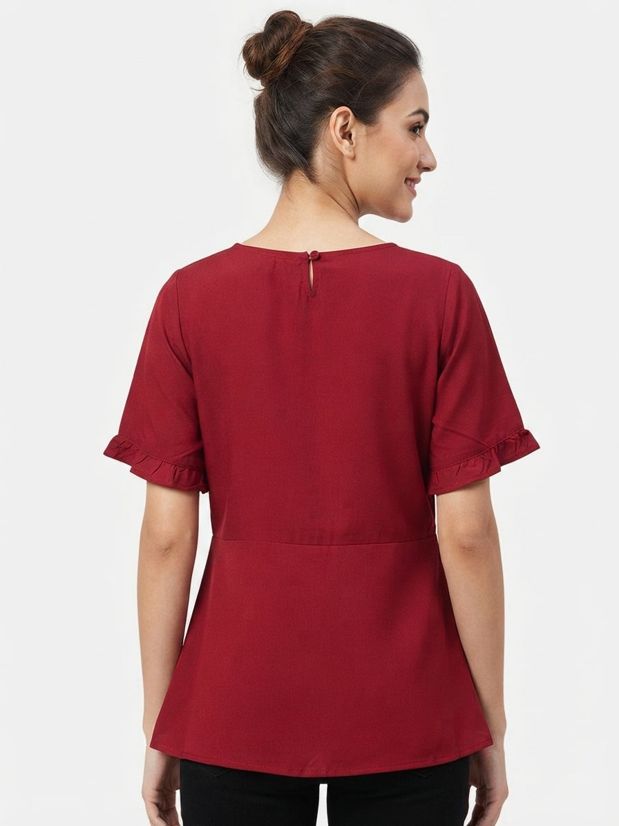Women's Wine Solid V-Neck Wrap Top with Tie-Up Waist