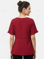Women's Wine Solid V-Neck Wrap Top with Tie-Up Waist