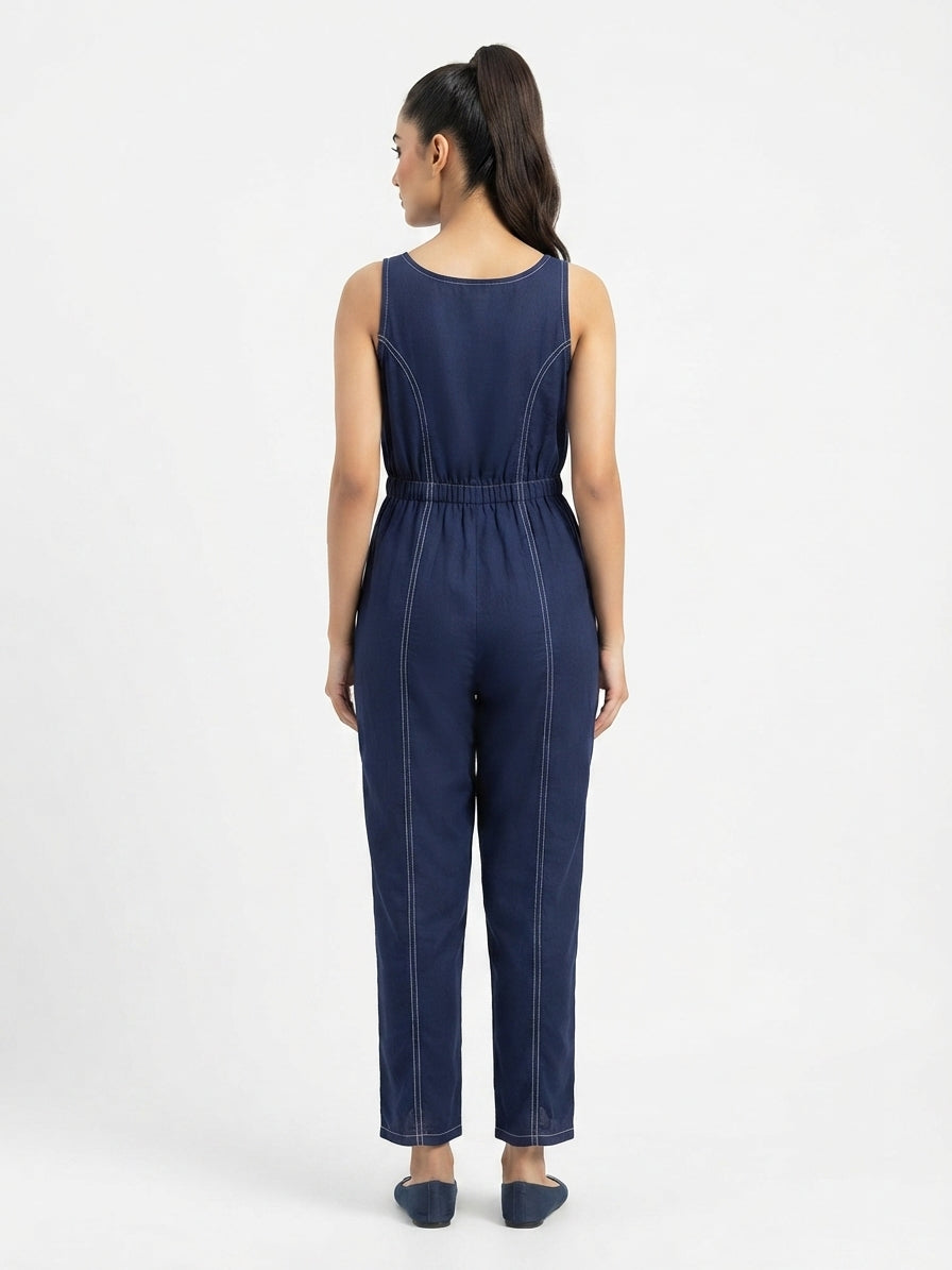 Navy Blue Sleeveless Button-Front Jumpsuit with Contrast Stitching