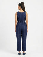 Navy Blue Sleeveless Button-Front Jumpsuit with Contrast Stitching