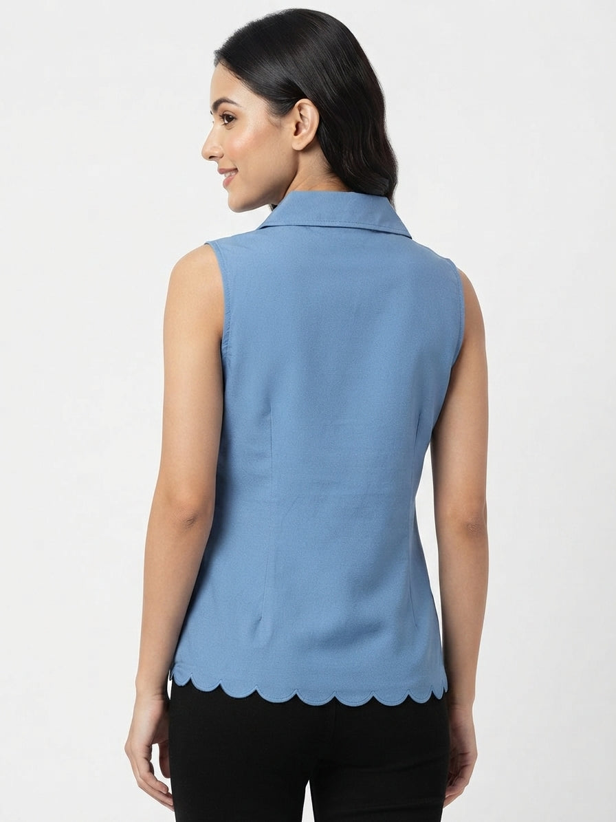 Blue Sleeveless Top with Scalloped Hem and Pearl Collar