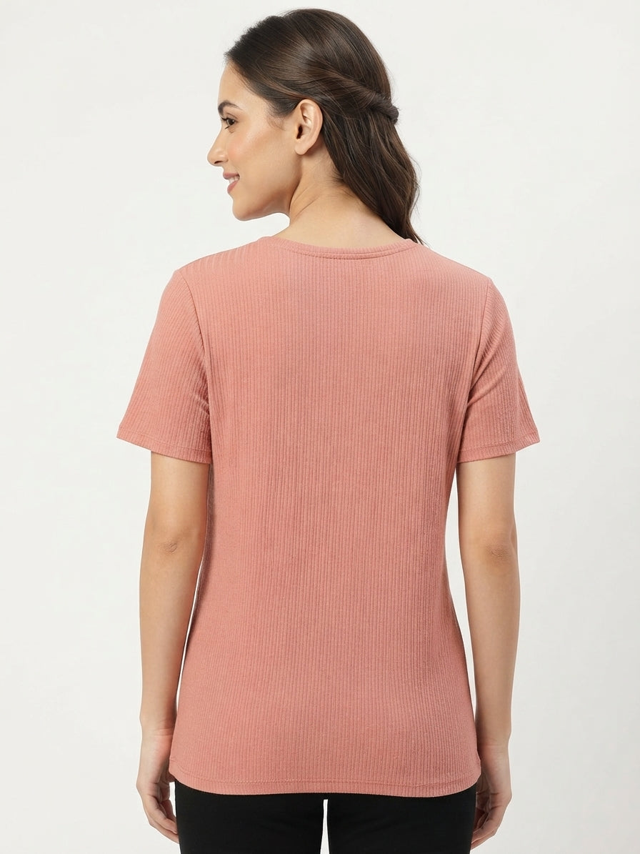 Women's Peach Solid Ribbed T-Shirt