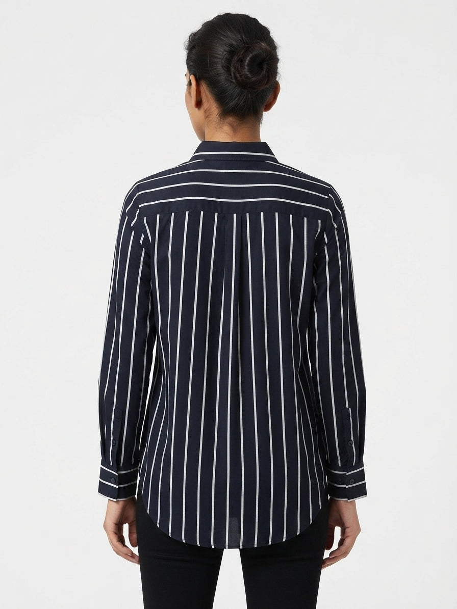 Women's Black & White Striped V-Neck Long Sleeve Top
