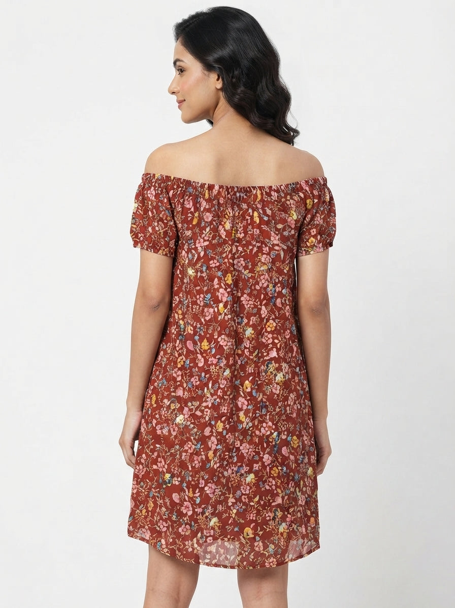 Rust Floral Print Off-Shoulder Relaxed Fit Dress