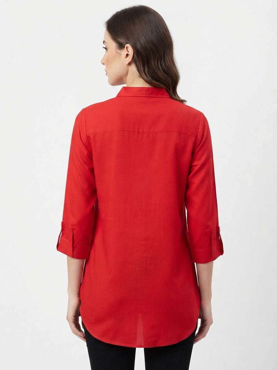 Women's Red Solid Regular Fit Casual Top