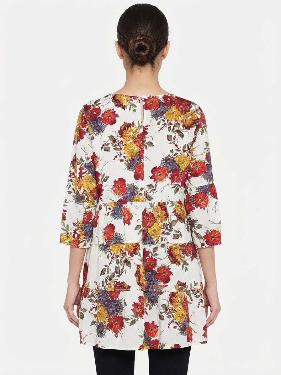 White Floral Printed Tiered Top